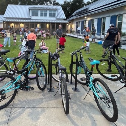 bike rack in foreground of market games